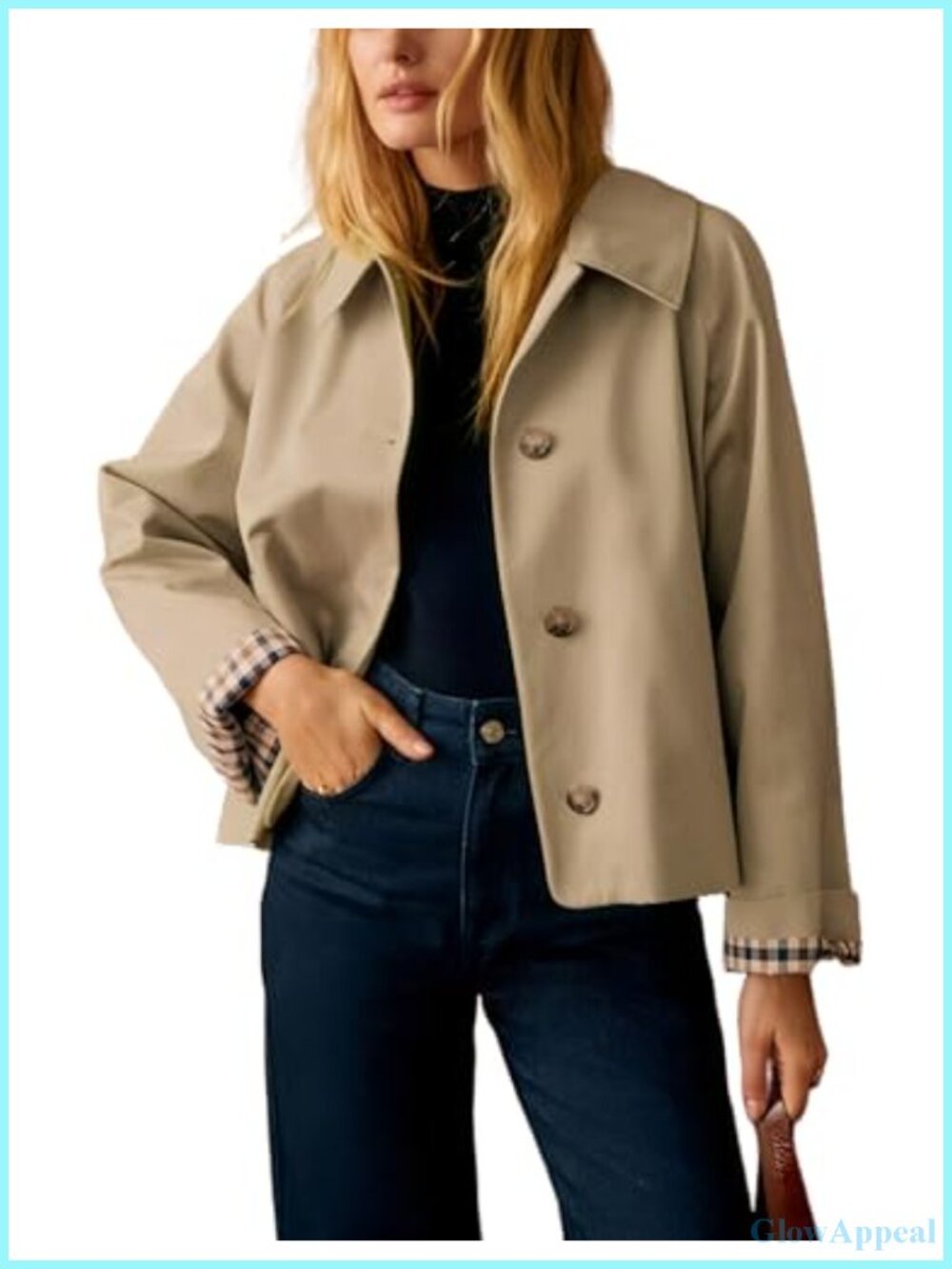 Women's Short Trench Coat Plaid Lining Button Front Lightweight Casual Jacket